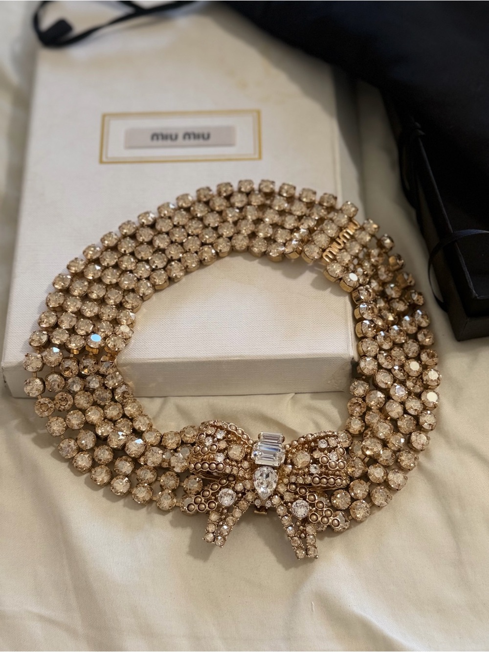 Authentic Miu Miu Necklace Statement Collar Collier Crystal Pearl Gold Plated